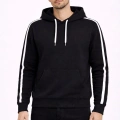 Erkek Şeritli Kapüşonlu Sweatshirt Oversize 3 iplik Pamuklu Hoodei - Siyah