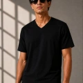 Erkek V Yaka Basic Tişört Kısa Kol Yazlık Regular Fit T-Shirt - Siyah