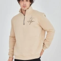 Erkek Yarım Fermuarlı Baskılı 3 iplik pamuklu sweatshirt - Bej