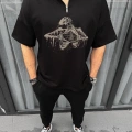 Erkek Yarım Fermuarlı Baskılı Oversize T-Shirt - Siyah