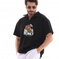 Erkek Yarım Fermuarlı Oversize Baskılı T-Shirt - Siyah