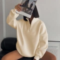 Kadın 3 İplik Pamuklu Oversize Yarım Fermuarlı Yakalı Basic Sweatshirt - Bej