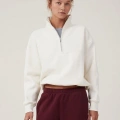 Kadın 3 İplik Pamuklu Oversize Yarım Fermuarlı Yakalı Basic Sweatshirt - Beyaz