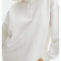 Kadın 3 İplik Pamuklu Oversize Yarım Fermuarlı Yakalı Basic Sweatshirt - Beyaz