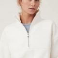 Kadın 3 İplik Pamuklu Oversize Yarım Fermuarlı Yakalı Basic Sweatshirt - Beyaz