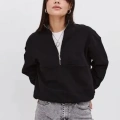Kadın 3 İplik Pamuklu Oversize Yarım Fermuarlı Yakalı Basic Sweatshirt - Siyah