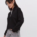 Kadın 3 İplik Pamuklu Oversize Yarım Fermuarlı Yakalı Basic Sweatshirt - Siyah