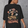 Kadın Baskılı Oversize kısa kol T-Shirt - Siyah