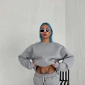 Kadın Bisiklet Yaka 3 İplik Pamuklu Basic SweatShirt - Gri