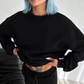 Kadın Bisiklet Yaka 3 İplik Pamuklu Basic SweatShirt - Siyah