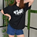 Kadın Bisiklet Yaka Baskılı  Kısa kol Oversize T-Shirt - Siyah