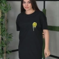 Kadın Bisiklet Yaka Baskılı  Kısa kol Oversize T-Shirt - Siyah