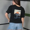 Kadın Bisiklet Yaka Baskılı Kısa kol Oversize T-Shirt - Siyah