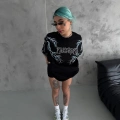 Kadın Bisiklet Yaka Baskılı  Kısa kol Oversize T-Shirt - Siyah