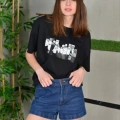 Kadın Bisiklet Yaka Baskılı  Kısa kol Oversize T-Shirt - Siyah