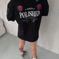 Kadın Bisiklet Yaka Baskılı kısa kol Oversize T-Shirt - Siyah