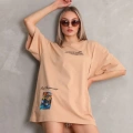 kadın Bisiklet Yaka Baskılı Oversize Kısa kol T-Shirt - Bej