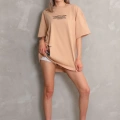 kadın Bisiklet Yaka Baskılı Oversize Kısa kol T-Shirt - Bej