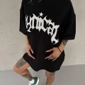 kadın Bisiklet Yaka Baskılı Oversize Kısa kol  T-Shirt - Siyah