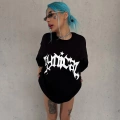 kadın Bisiklet Yaka Baskılı Oversize Kısa kol  T-Shirt - Siyah