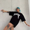 kadın Bisiklet Yaka Baskılı Oversize Kısa kol  T-Shirt - Siyah