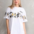 kadın Bisiklet Yaka Baskılı Oversize T-Shirt - Beyaz