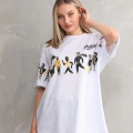 kadın Bisiklet Yaka Baskılı Oversize T-Shirt - Beyaz