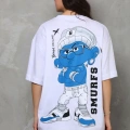 kadın Bisiklet Yaka Baskılı Oversize T-Shirt - Beyaz