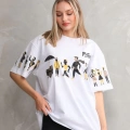 kadın Bisiklet Yaka Baskılı Oversize T-Shirt - Beyaz