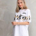 kadın Bisiklet Yaka Baskılı Oversize T-Shirt - Beyaz