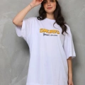 kadın Bisiklet Yaka Baskılı Oversize T-Shirt - Beyaz