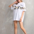 kadın Bisiklet Yaka Baskılı Oversize T-Shirt - Beyaz