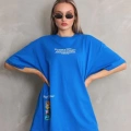 kadın Bisiklet Yaka Baskılı Oversize T-Shirt - Mavi