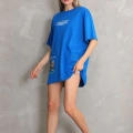 kadın Bisiklet Yaka Baskılı Oversize T-Shirt - Mavi