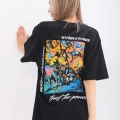 kadın  Bisiklet Yaka Baskılı Oversize T-Shirt - Siyah