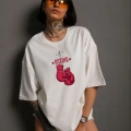 kadın Bisiklet Yaka Boks Eldiven Baskılı Oversize T-Shirt - Beyaz