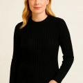 Kadın Bisiklet Yaka Triko Kazak Pamuklu Kalın Fitilli Dokuma Regular Fit -  Siyah