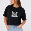 Kadın Kedi Baskılı Oversize Crop Tişört Salaş Basic Yarım Kol T-shirt - Siyah