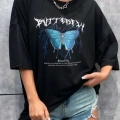 Kadın kelebek Baskılı Oversize kısa kol T-Shirt - Siyah