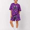 Kadın Oversize Kalıp Pubg Bape X Shark Nakışlı Cepli Şort Takım - Mor