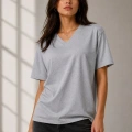 Kadın V Yaka Basic Tişört Kısa Kol Yazlık Regular Fit T-Shirt - Gri