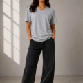 Kadın V Yaka Basic Tişört Kısa Kol Yazlık Regular Fit T-Shirt - Gri