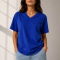 Kadın V Yaka Basic Tişört Kısa Kol Yazlık Regular Fit T-Shirt - Saks Mavisi