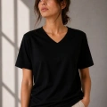 Kadın V Yaka Basic Tişört Kısa Kol Yazlık Regular Fit T-Shirt - Siyah