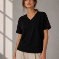Kadın V Yaka Basic Tişört Kısa Kol Yazlık Regular Fit T-Shirt - Siyah