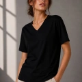 Kadın V Yaka Basic Tişört Kısa Kol Yazlık Regular Fit T-Shirt - Siyah