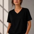 Kadın V Yaka Basic Tişört Kısa Kol Yazlık Regular Fit T-Shirt - Siyah