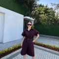 Kadın Yakalı Gömlek Kemerli Şortlu Alt-Üst Takım - Bordo