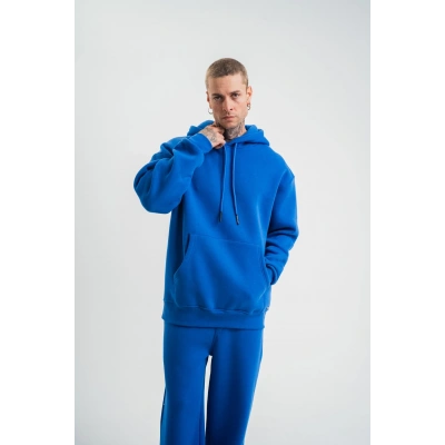 ERKEK 3 İplik Oversize Kapşonlu Basic SweatShirt Hoodie - Mavi