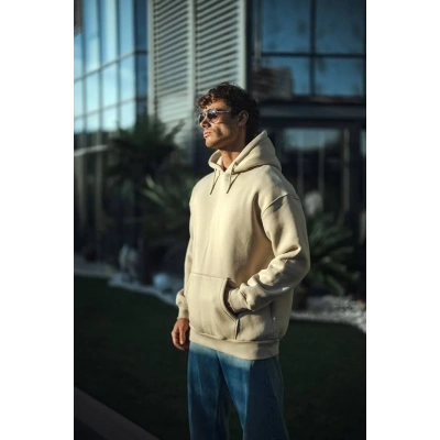 Erkek 3 İplik Pamuklu Kapüşonlu Basic SweatShirt Hoodie - Bej